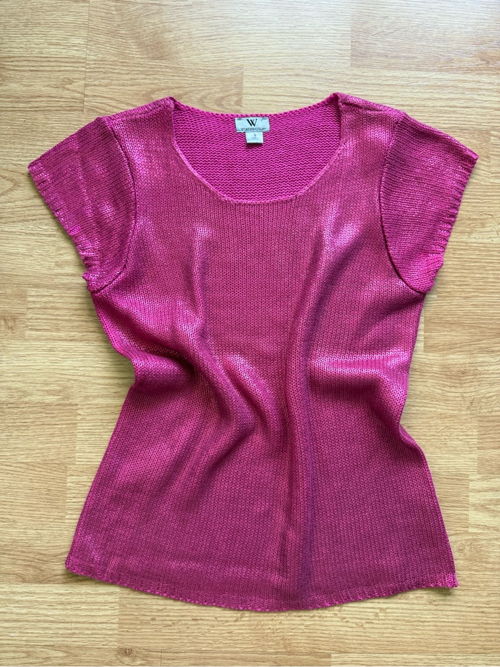 Worthington Fuchsia Shiny Knit Short-Sleeve Scoop Neck Top